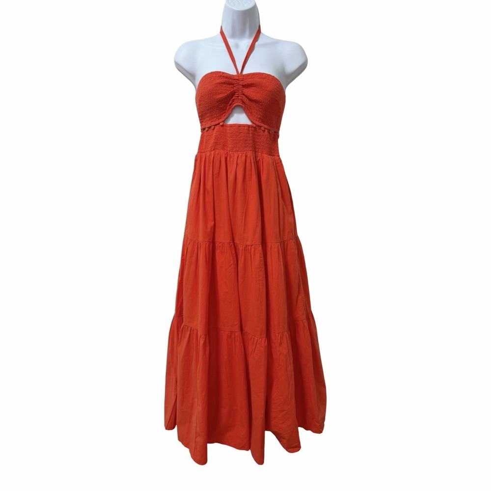 Madewell Modular Tiered Halter Smocked Midi Dress Size M Orange Beach Vacay NEW